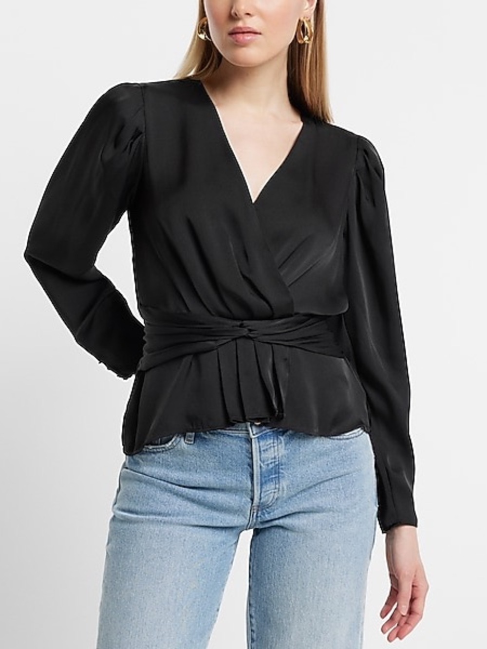 Express Black Wrap-Front Long Sleeve Blouse